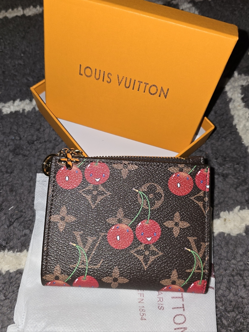 Brown Monogram Cherry Zip Pouch with Red Accents